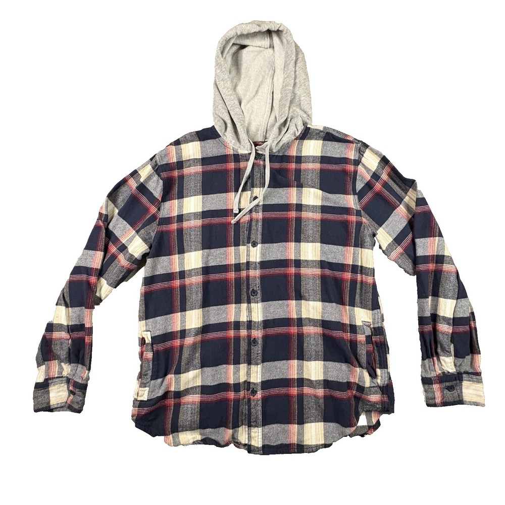 PacSun Men's Hooded Plaid Button-Up - Navy, Cream & Red Accent